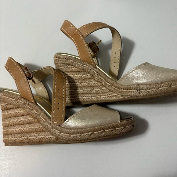 Marc Fisher Gold Leather Espadrille Wedges with Tan Ankle Strap, Gold Hardware. - Picture 1 of 14